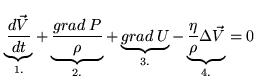 $\displaystyle \underbrace{\frac{d \vec{V}}{d t}}_{1.} + \underbrace{\frac{grad ...
...rbrace{grad \: U}_{3.} - \underbrace{\frac{\eta}{\rho} \Delta \vec{V}}_{4.} = 0$